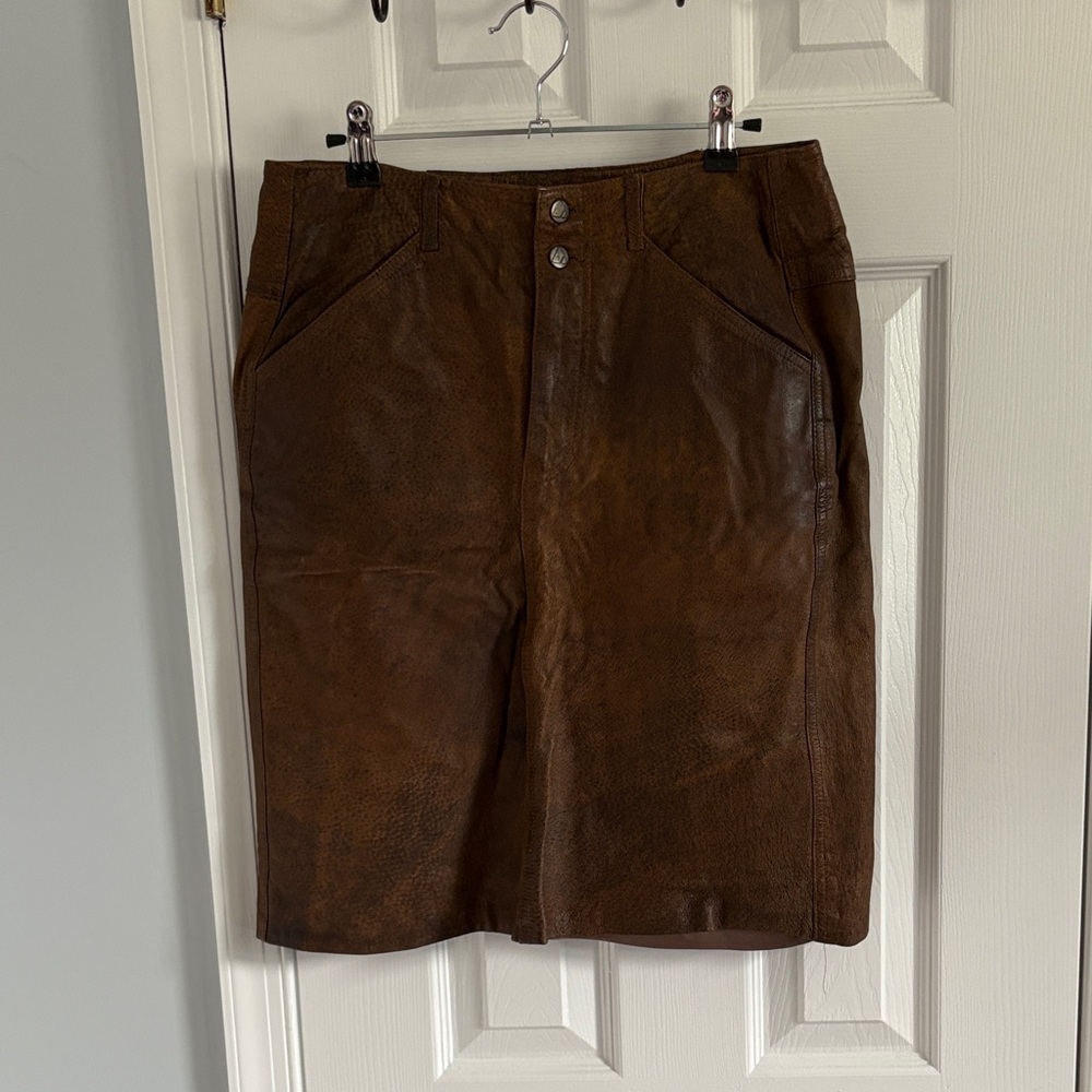 Liz Wear Vintage 100% Leather Brown Pencil Skirt with Pockets Size 12